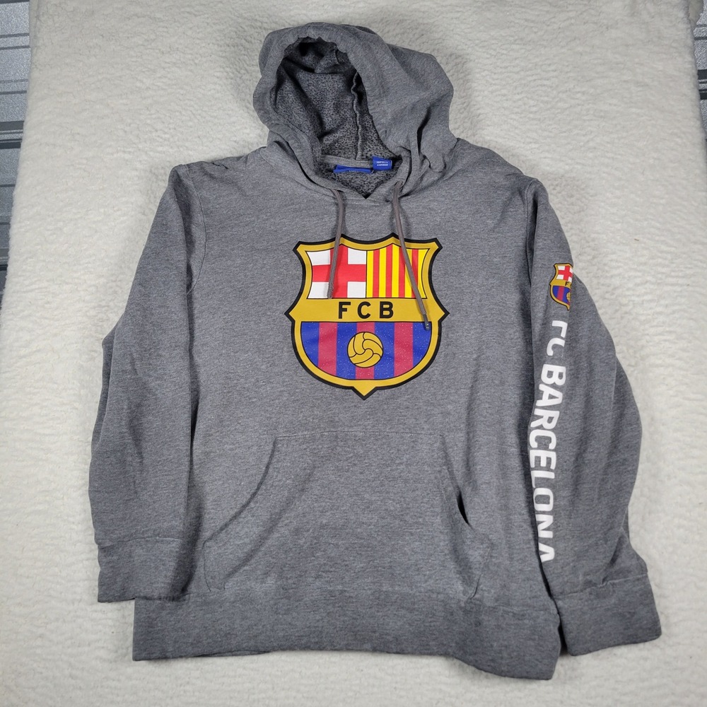 FC Barcelona Hoodie Mens Size M Gray Pullover Soccer Football Club Crest Logo